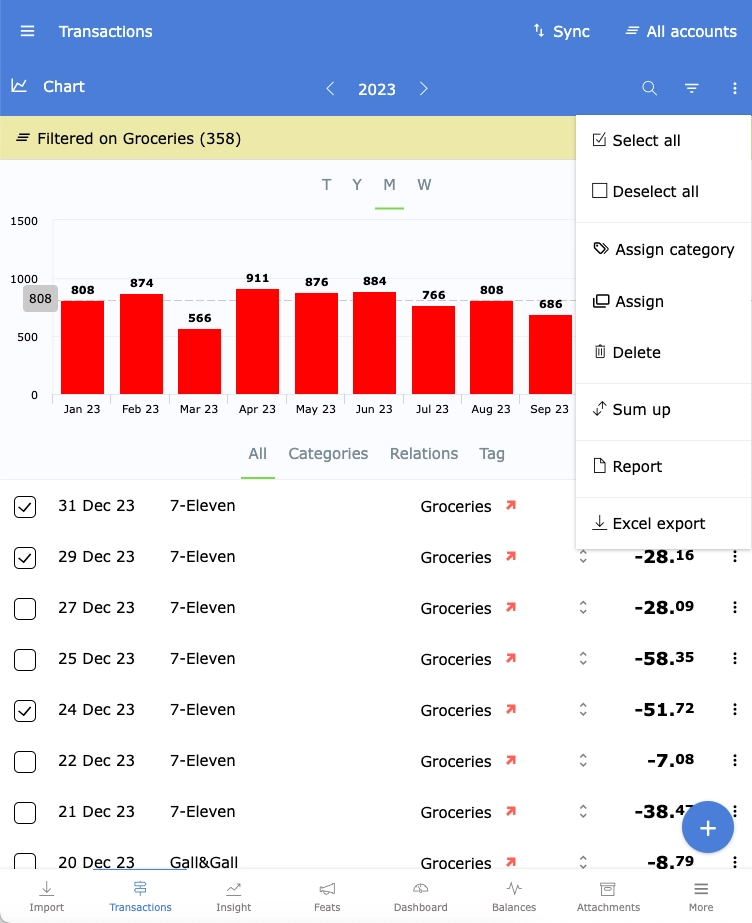 Search, filter, visualize and export transactions